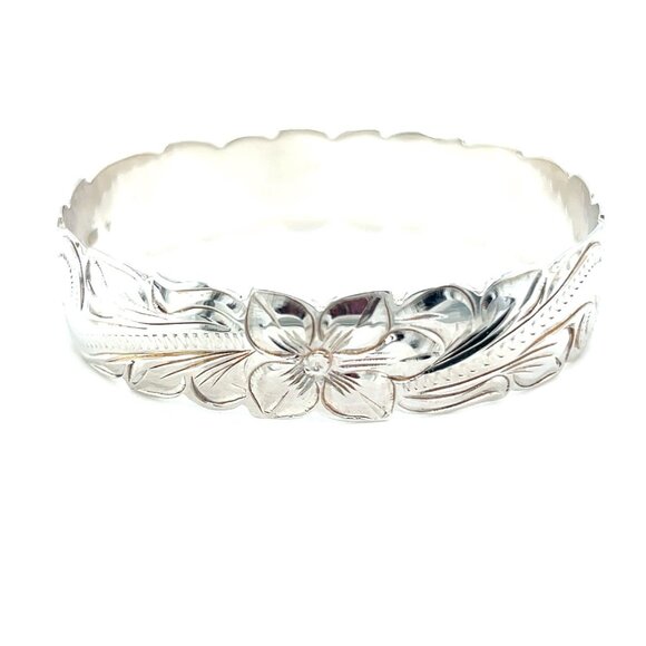 925 Sterling Silver Hibiscus Bangle - Picture 1 of 5